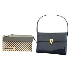 Prestige Original Navy Blue Patent Leather Vintage Top Handle Bag Gold Hardware